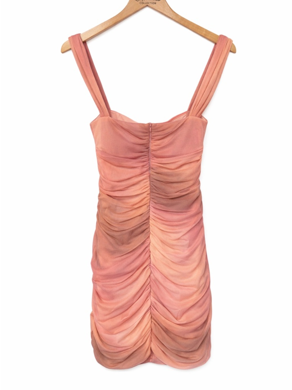 ZARA Blogger Fav Short Printed Tulle Dress Pink Orange Ombre Ruched Bodycon Mini - Picture 5 of 14